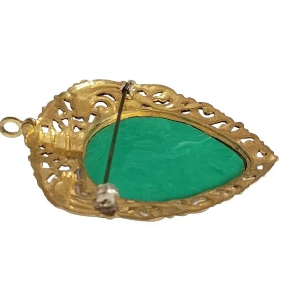 Gold Tone Asian Style Dragon Open Molded Plastic Inlay Brooch Pendant E03